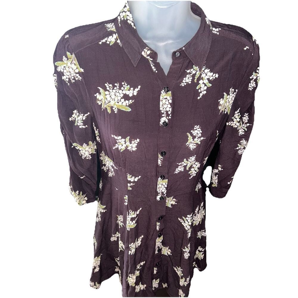Free People Lovely Mini Dress Size XS Plum Brown Floral Button Down Collar Boho - Picture 5 of 9